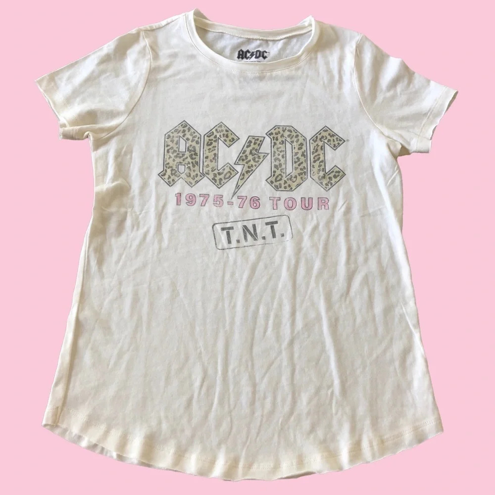 AC/DC Womens Small Cream Band Tee T Shirt TNT 1975-76 Tour Graphic Leopard Print